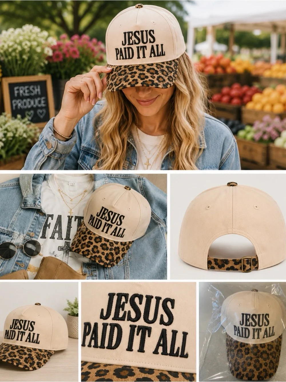 “Jesus Paid It All” Embroidered Trucker Hat | Cream Leopard Faith Cap NWT
